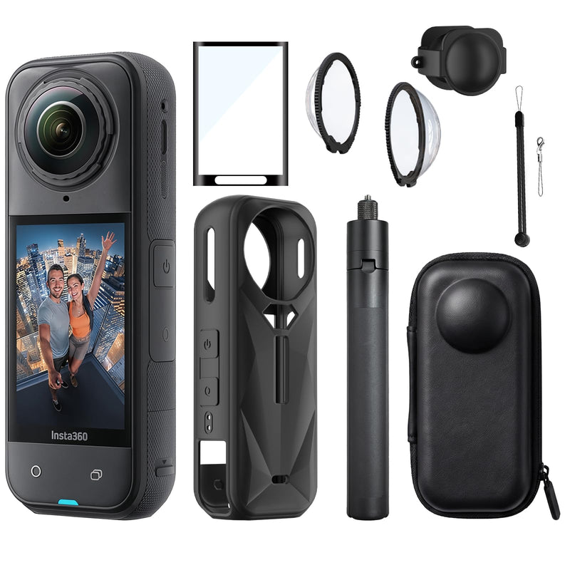 Camera Protective Kit Compatible with insta 360 x5 accessories Starter Kit include（Silicone Case,Screen Protector,Lens Guard,1.2M Invisible Selfie Stick with Tripod）for 360 X5 Action Camera