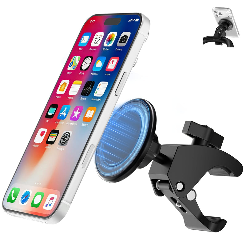 Magnetic Stroller Phone Holder Clamp Mount,20 x N52 Strong Dual Magnets | Handlebar Mount for Treadmill/Peloton/Spin Bike/Gym/Shopping/Golf Carts, Compatible with MagSafe iPhone 12–17 & Android