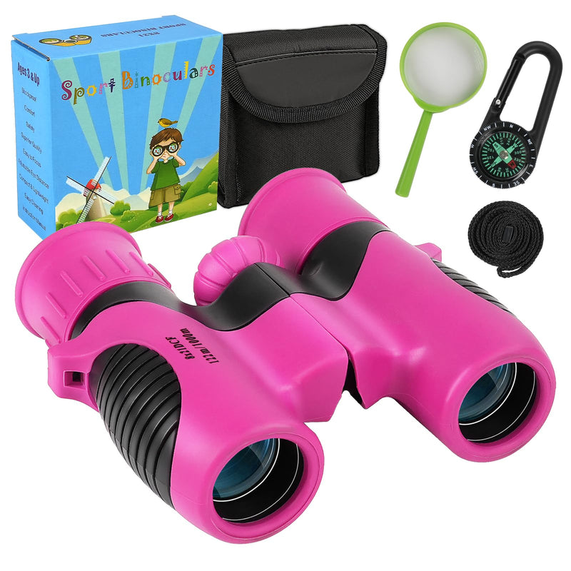 Portable Kids Binoculars 8x21 - Compact Shockproof Real Binoculars for Kids | Great for Bird Watching, Camping, Hiking | Educational Birthday Gift for Boys & Girls Aged 3-12 | Incl. Compass & Carabiner Rose-Pink