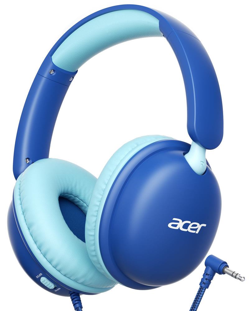 Acer OHW355 Kids Headphones with Cord for School,Over Ear Wired Headphones | 74/85dB Volume Limit, Foldable 3.5mm Jack, Stereo Sound, for Tablet/Computer/Travel/Chromebook-Blue Cyan Blue Cyan