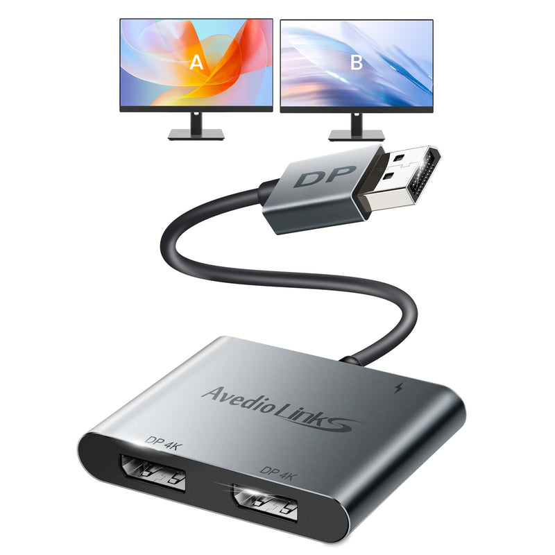 Display Port Splitter for Dual Monitors, Extended Display for Windows, Dual 4K@60Hz Displayport Splitter 1 in 2 Out, Single 4K@120Hz, DP 1.4 MST Hub Compatible with PC, Laptop, Graphics Card Gray