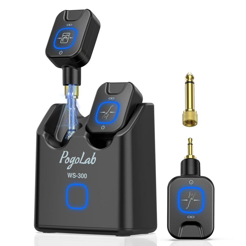 Wireless Guitar System 5.8GHz with Charging Box, Wireless Transmitter Receiver with 6.35mm/3.5mm 2-in-1 plug, 6 Channels, 18H Total Battery Life, for Electric Guitars, Bass black