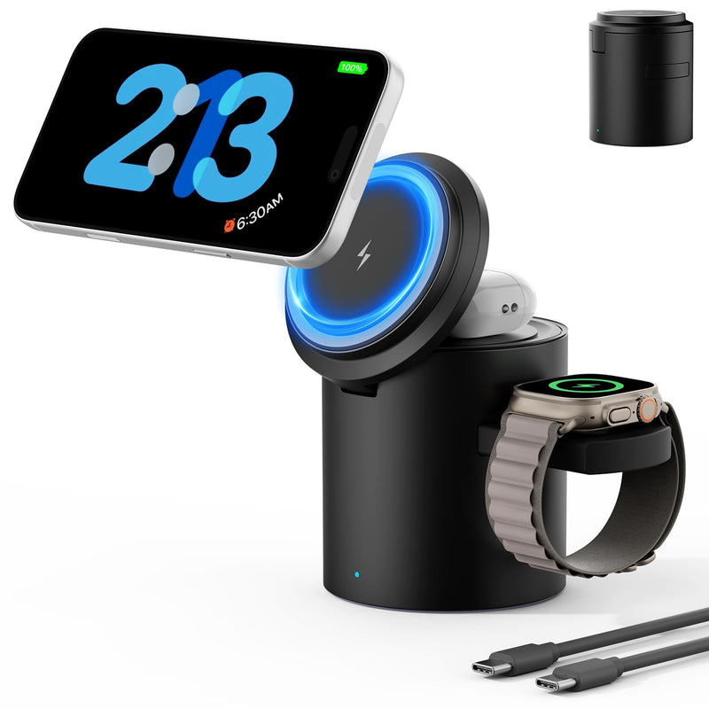 Foldable Magnetic 3 in 1 Wireless Charger Stand for iPhone Watch AirPods | A Must-have for Portable Travel,15W Magnetic Charging Station for iPhone 17 16 15 14 13 12 Series Wireless Charging Station Black