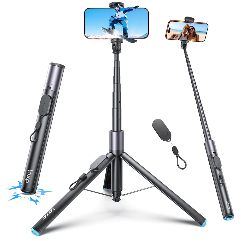 LOXP 67'' Phone Tripod with Remote, 0.01s Auto-Open for Content Creator | Selfie Stick for iPhone/ Android, Portable iPhone Tripod with Cold Shoe/ 1/4" Adapter for Travel, Vlog, Live, Golf, Video Black