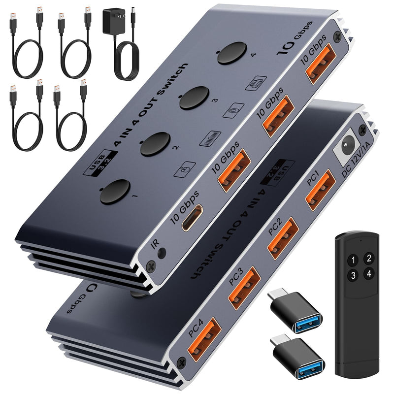USB 3.2 Switch Selector 4 Computers Share 4 USB Devices 10Gbps High-Speed USB Sharing Switch with 1 USB-C & 3 USB-A Ports, Keyboard Mouse Switcher for PC Laptop with Remote Control & Power Adapter