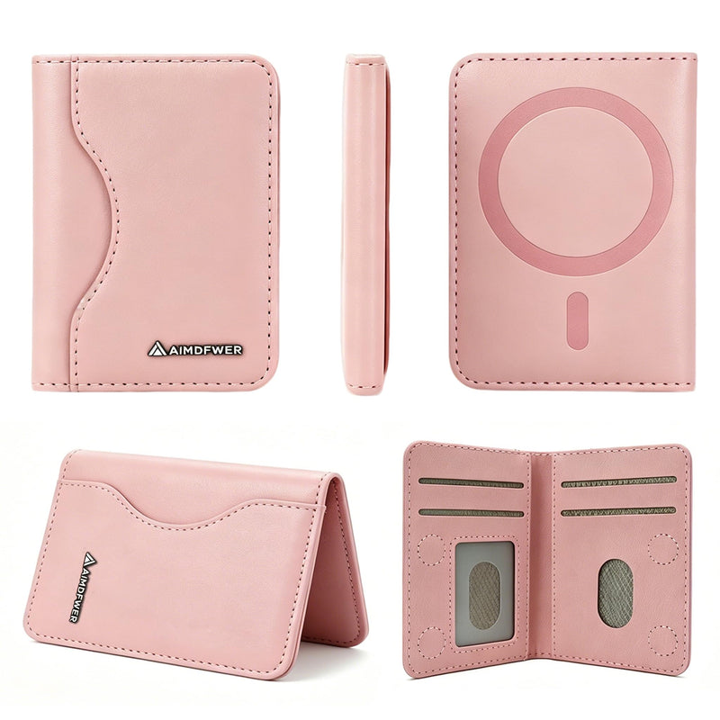 MagSafe Wallet Stand with ID Window, 7 Card Holder with RFID Blocking for MagSafe Phone and Case, Slim Leather Magnetic Wallet for iPhone 17e/17/16/15/14/13/12 Series(Pink) Pink