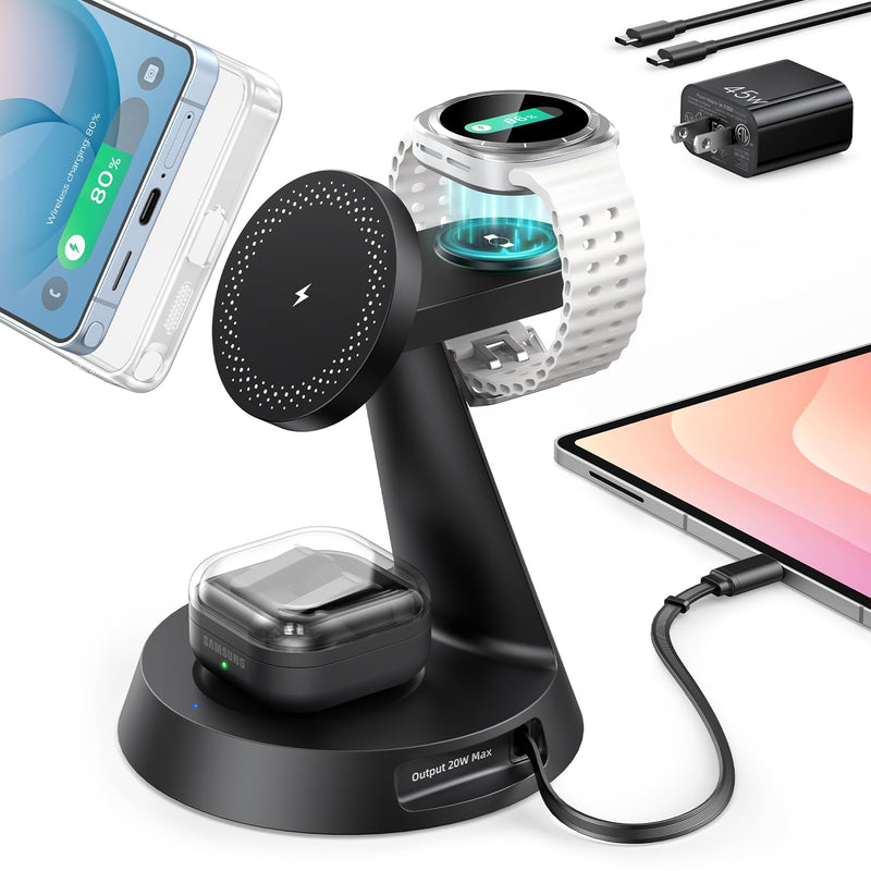 Meifigno 4 in 1 Magnetic Charger for Samsung with 20W Fast Retractable Cable, Wireless Charging Station Designed for MagSafe Charger Stand for Galaxy S26 Ultra Z Fold7/Flip7/Galaxy Watch Ultra 8/Buds
