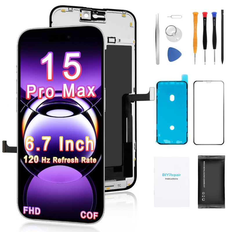 Screen Replacement for iPhone 15 Pro Max 6.7’, 3D Touch Display Full Repair kit, Digitizer Assembly with Tools Set, Tempered Glass, Instruction 6.7 inch 15 Pro Max