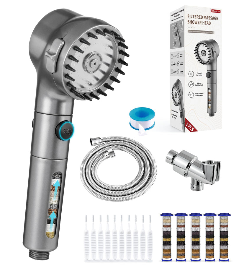 Ion Drops Filtered Shower Head with Handheld, High Pressure Water Flow Filter Showerhead for Hard Water Boosting with ON/OFF Switch and Rotatable Head (Silver gray) Silver gray