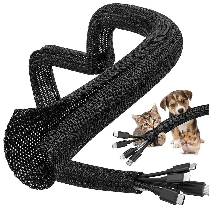Cable Management Sleeve 10ft, Cat & Dog Chew Resistant Cord Protector, Black
