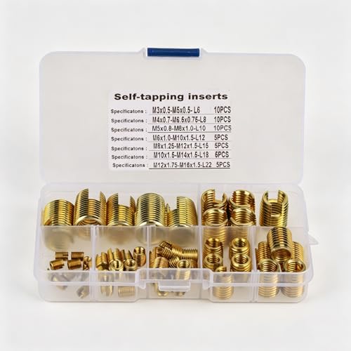 50PCS Self-Tapping Thread Inserts Assortment Kit, Brass, M3 to M12, with Storage Box