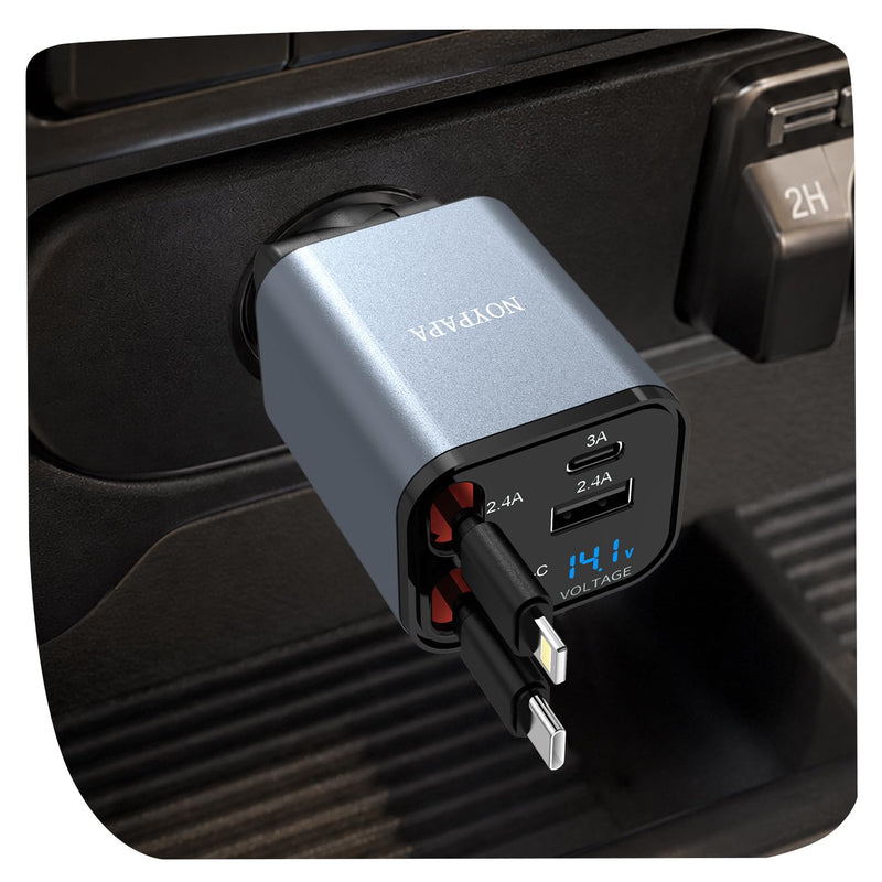 Retractable Car Charger, 75W Car Phone Charger with Cables Fast Charging, USB C Car Charger Adapter for iPhone 17 16 15 14 13 12, Samsung, Black