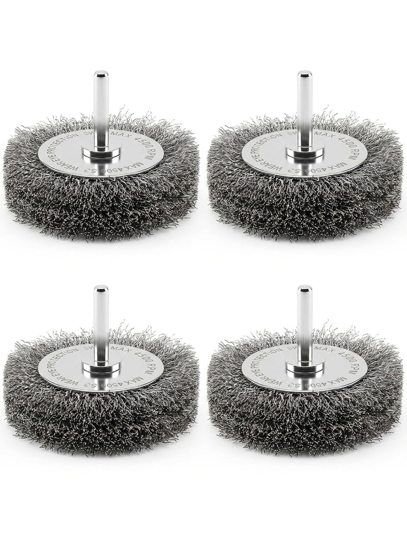3in Wire Wheel Brush for Drill Attachment – Heavy Duty 0.014" Coarse Crimped Carbon Steel Wire Brush, 1" Thickness, 1/4" Shank– Rust, Paint & Corrosion Removal 4Pack 4 3in