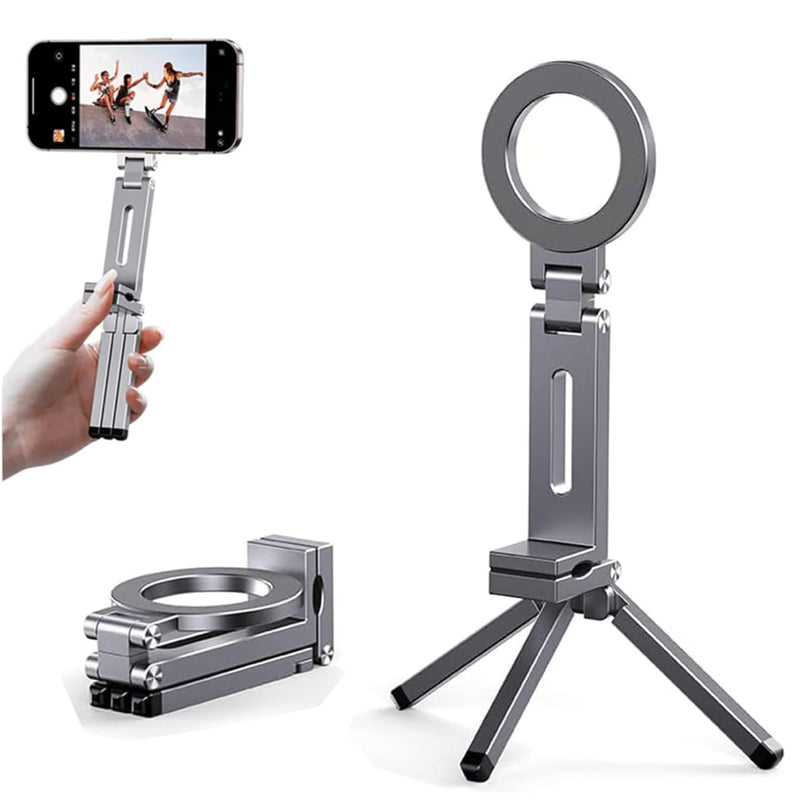 Magnetic Tripod for iPhone 17/16/15/14/13/12 Plus Pro Max Series,Aluminium Mini Magnetic Phone Tripod for iPhone,360° Adjustable Magic Clip Folding Magnetic Phone Stand,1/4" Screw (Grey) Grey