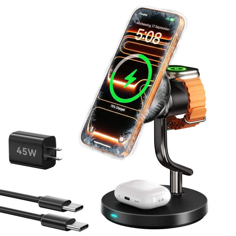 4 in 1 Wireless Charging Station,Qi2.2 Mag-Safe Charger with Cooling Fan | Mag-Safe Wireless Charger Stand with TEC Active Cooling and Night Light, for iPhone17/16/15/14/13/12, Apple Watch/AirPods Black