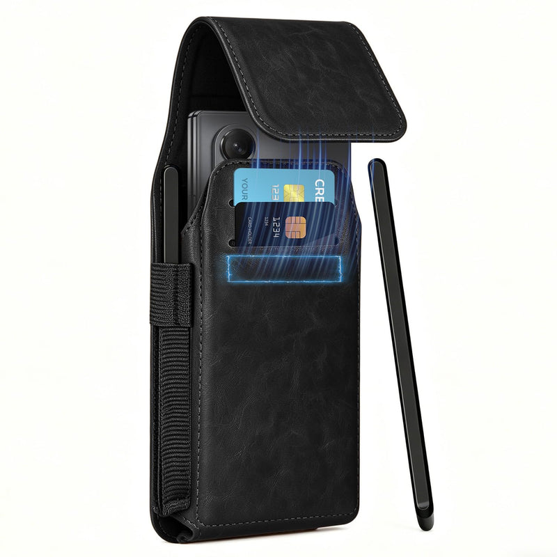 NINKI Belt Clip Holster for Samsung Galaxy Z Fold 8 Ultra 7 6 5 4 3 2 Bag with Card Holder & S Pen Slot & Stylus, Leather Cover Waist Holder Pouch for Samsung Z Fold 8 Ultra Case Holsters Belt, Black Galaxy Z Fold Holster