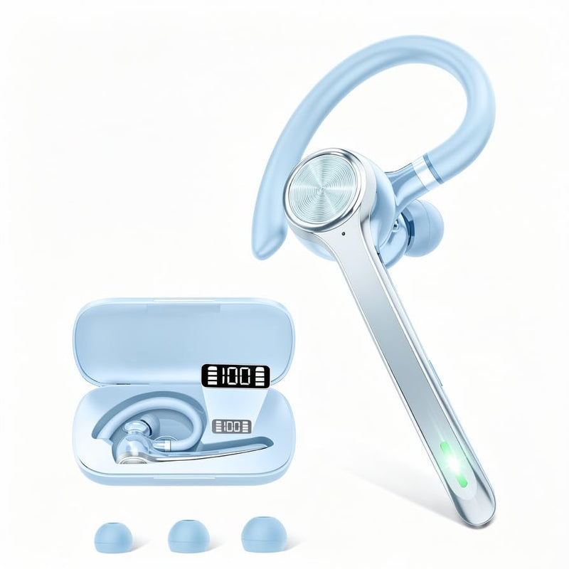 HEIBAS Bluetooth Headset, Wireless Earpiece with Mic for Work Light Blue | 72H Playtime, 500mAh Charging Case, Hands-Free Calling with Mute Button for Trucker, Office, Driving, iPhone, Light Blue