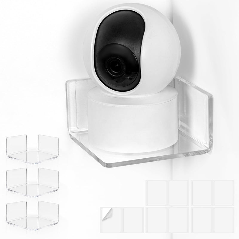 HAYVAN Mini Corner Shelf Wall Mounted 3 Pack Clear Acrylic No Drill | Corner Floating Shelves with Adhesive Tape. Easy Install. Universal for Security Cameras, Baby Monitors, Small Plants & More.