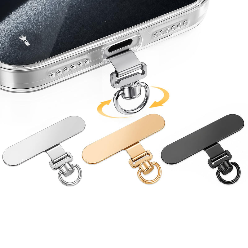 360° Rotatable Stainless Steel Phone Tether Tab - 3 Pack | Universal for iPhone & Other Phones, Fits Lanyard/Wrist Strap/Necklace/Crossbody Strap/Chain,0.0135" Ultra Thin C-black+gold+sliver