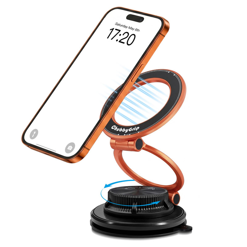 chubbycable Magnetic Car Phone Holder 360° Rotation with Vacuum Base | Foldable design with ultra-strong magnetic hold, vacuum suction base, compatible with MagSafe iPhone 12-17 series and Android Vacuum Base-Orange 1 Pack