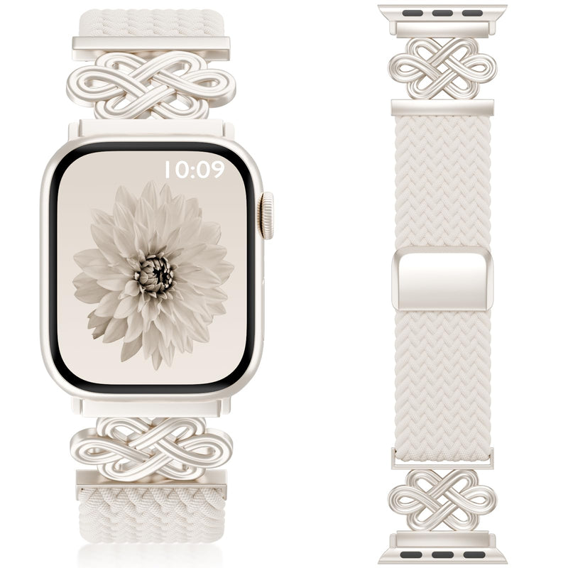 Magnetic Braided Stretchy Band Compatible with Apple Watch Bands Women | Dressy Metal Celtic Knot Nylon Strap for iWatch 38mm 40mm 41mm 42mm 44mm 45mm 46mm Series 11 10 SE 9 8 7 6 5 4 Ultra 3 2 1 Starlight/Starlight 38/40/41/42mm(Series 11/10)