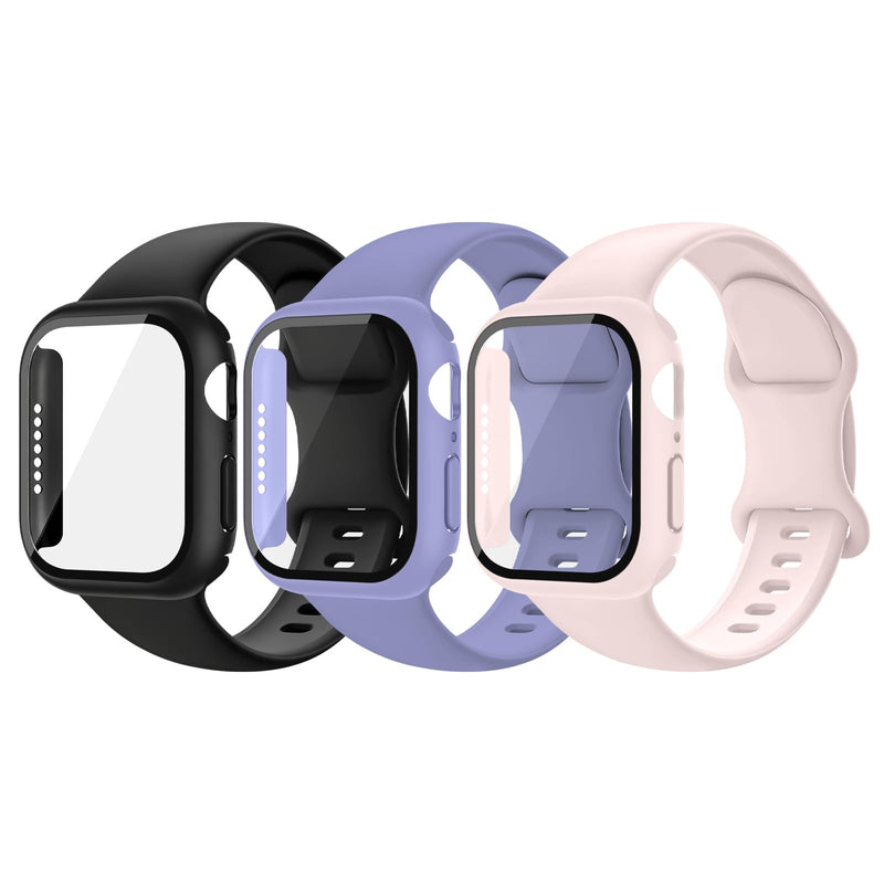 3 Pack Sport Band and Case with Screen Protector Compatible for Apple Watch 44mm 40mm, iWatch Series 4/5/6/SE(Gen 1,2,3), Soft Silicone Strap Bands Protective Cover for Women Black+Pink+Purple 44mm(Series 4/5/6/SE)