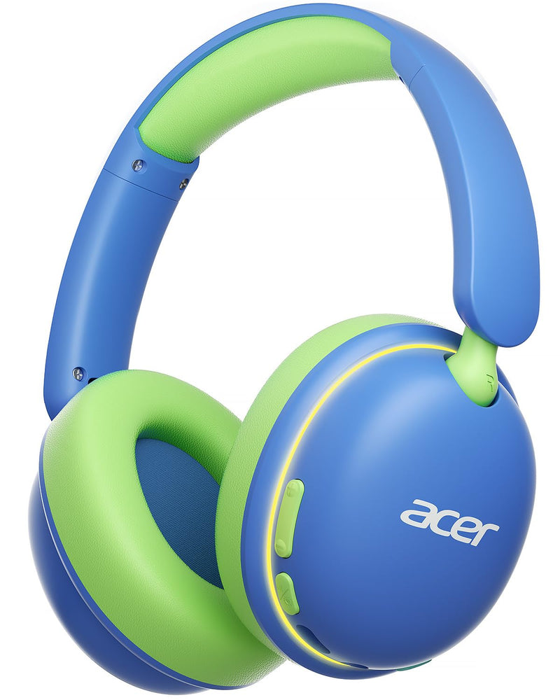 Acer OHR727 Kids Bluetooth Headphones Travel, Over‑Ear Comfort Design | 85dB Safe Volume, 110H Playtime with LED Lights, Bluetooth 6.0, Built-in Mic, for iPad Tablet Travel School Blue Green
