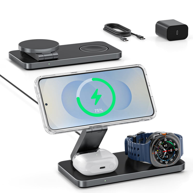 Qi2 25W Magnetic Wireless Charger for Samsung, 3 in 1 Fast Charging Station Compatible with MagSafe for Galaxy S26/S25/S24/S23/Ultra/Plus/Z Fold/Flip 8, Watch Ultra/8/7/6/5 & Buds with 35W Adapter Black 25.0 Watts
