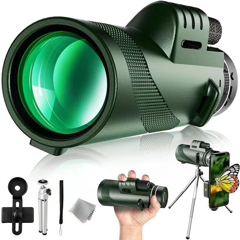40X60 Monocular Telescope with Smartphone Holder & Tripod, Power Prism Compact Monoculars for Adults Kids, HD Monocular Scope for Bird Watching Hiking Concert Travelling Green