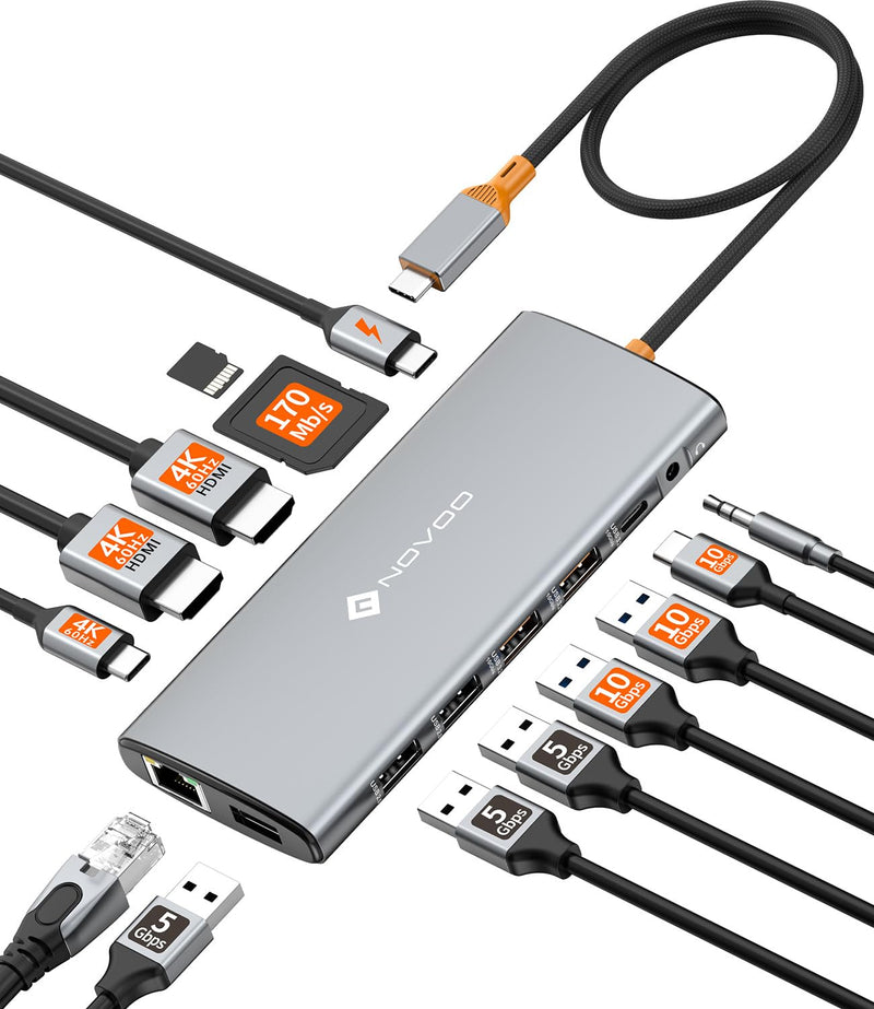 NOVOO 14-in-1 USB C Docking Station for Laptop, Triple MonitorI & 4K@60Hz | 100W PD, 10Gbps USB, Gigabit Ethernet, SD/TF, Audio for Dell/HP/Lenovo