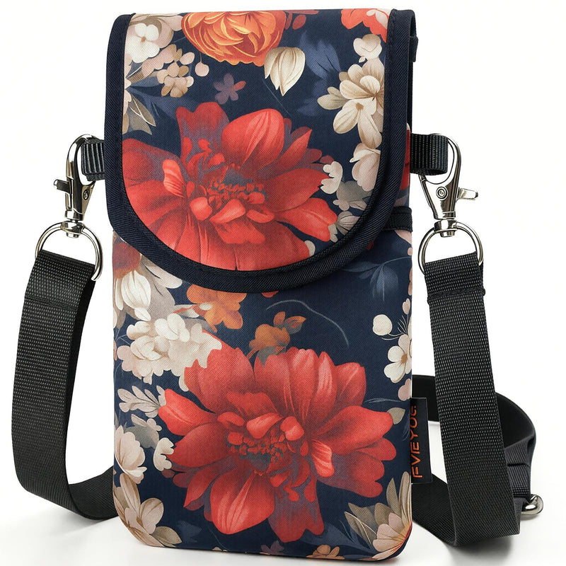 Neoprene Phone Sleeve Pouch Case Bag for Men Women w/Crossbody Strap/Neck Lanyard for iPhone 17/16/15/14 Pro Max, Samsung S25，Pixel 10 7.1 x 3.9 IN Red Peony and Daisy Cell Phone Sleeves