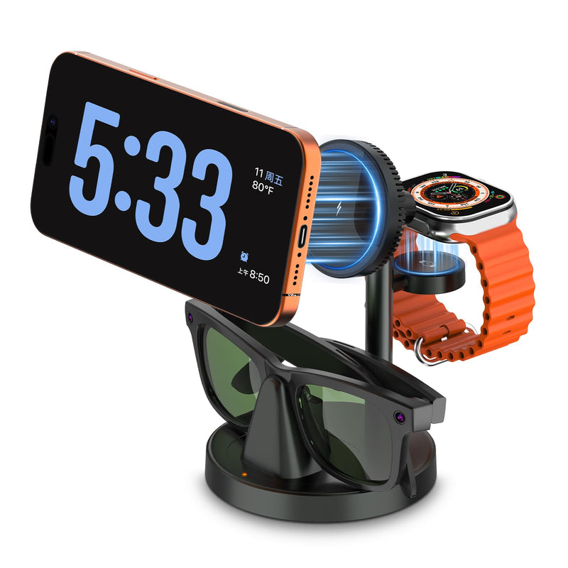 3 in 1 Fast Charging Station for RayBan Meta Gen1/2, Oakley Meta HSTN, Charger for iPhone17/16/15/14/13/12, for Apple Watch Ultra/Ultra 2/ Ultra 3/SE/S1 to S11