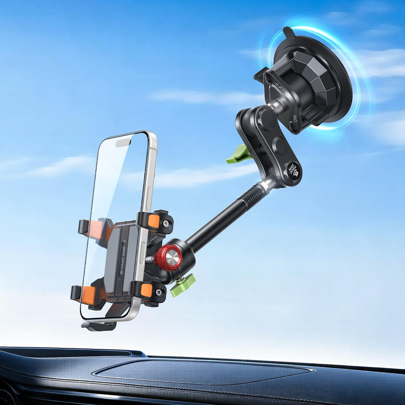 MAGIC JOHN Metal Car Phone Holder 360° Rotation Suction Mount Windshield | All-Metal Build With Enhanced Suction Cup, Adjustable Clamp Arms, Compatible With iPhone Samsung & All Smartphones