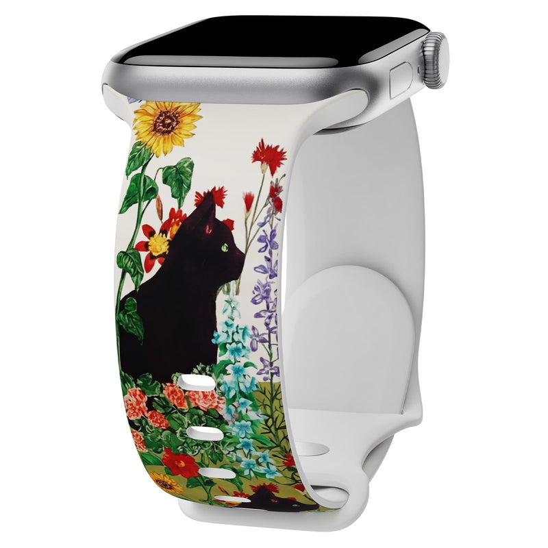 Floral Band Compatible with Apple Watch Band 41mm 40mm 38mm 45mm 44mm 42mm 49mm Women, Soft Silicone Printed Sport Strap for iWatch Series 11 10 9 8 7 6 5 4 3 SE Ultra Wildflower Meadow & Black Cat 38mm/40mm/41mm/42mm(series 11 10)
