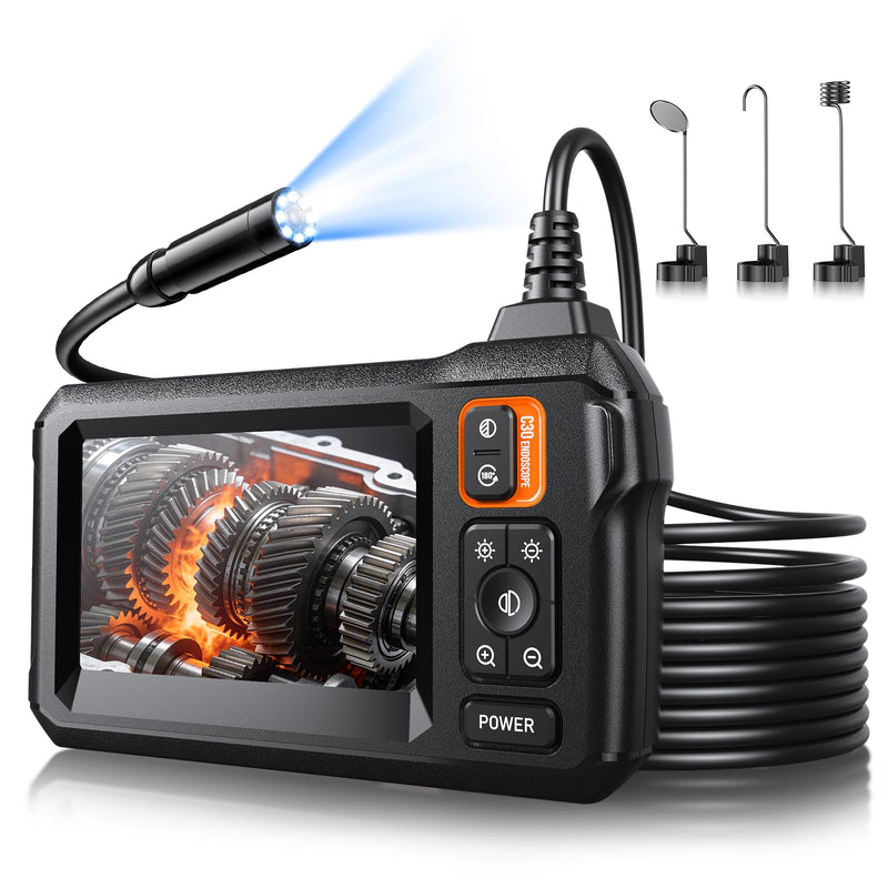 Endoscope Camera with Light, Inspection Borescope Camera with 4.3" IPS Screen, 1920P HD with 8 LED Lights, 16.6FT Semi-Rigid Cord Bore Scope, IP67 Waterproof Endoscope for Sewer, Tools(Orange) 16.6FT Single Lens