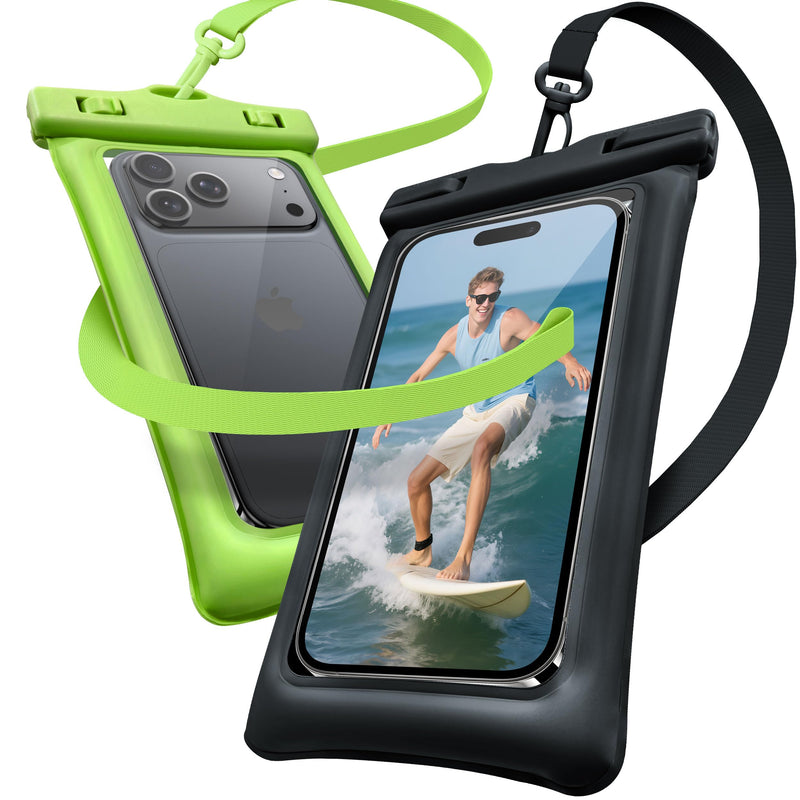 Floating Waterproof Phone Pouch 2 Pack - Dual Floatable Airbags Up to 7.2", IPX8 Waterproof Phone Dry Bag with Lanyard for Beach, for iPhone 17 16 15 Samsung Galaxy Etc., Black + Green