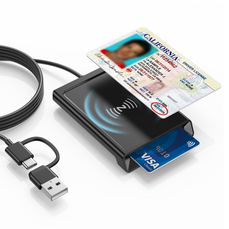 [2-in-1 Dual Tech] NFC Reader Writer & CAC Card Reader, USB-A + USB-C Military DOD PIV ID Contact and Contactless Smart Card Reader for Windows, Mac, Linux, Android Black