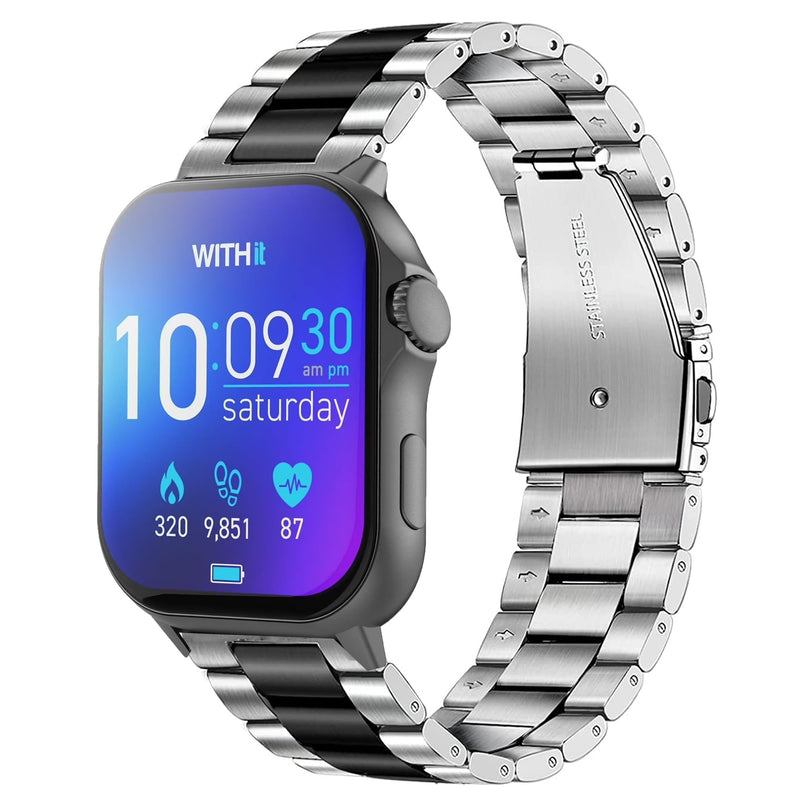 Lamshaw Compatible for WITHit Giga Smartwatch Bands, Quick Release Stainless Steel Metal Replacement Straps Compatible for WITHit Giga, Deca Smartwatch Silver-Black 22mm size band