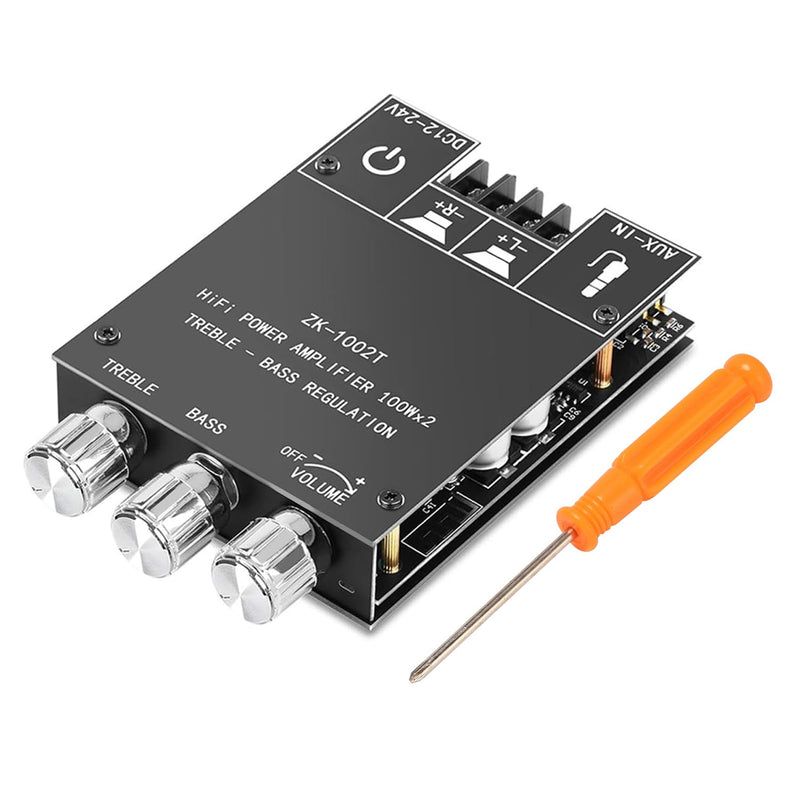 ZK-1002T Bluetooth Audio Amplifier Board,100W×2Power Amplifier,DC12-24V Bluetooth Audio Power Amplifier Board, Board with Treble and Bass Control,Supports AUX/Bluetooth ZK-1002T