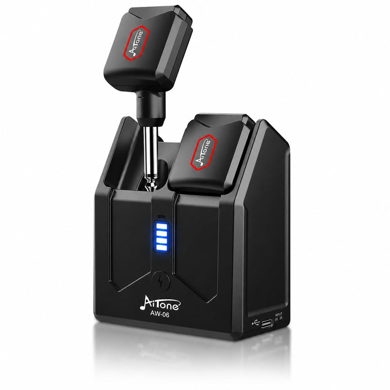 AITONE 5.8GHz Wireless Guitar System with Charging Case (AW-06) | 48kHz/24-Bit Transmitter and Receiver, <6ms Latency, 4 Channels, 65 ft Range, Up to 18H Total Playtime