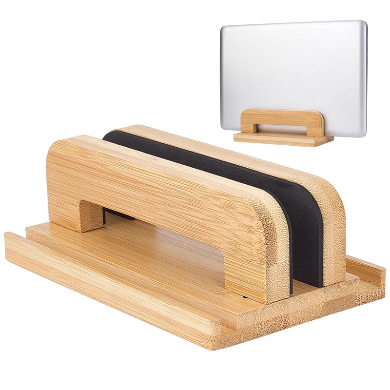 PH PandaHall 3 Slots Vertical Laptop Stand Wooden Laptop Holder Space-Saving Non-Slip Tablets Organizer Desktop Tablets Storage Adjustable Dock Stand for Mobile Phone Computer Keyboard Organizer