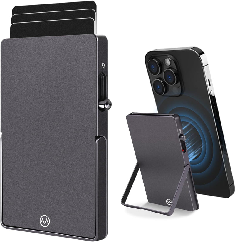 Magnetic Phone Wallet with Adjustable Stand,Pop up Phone Card Holder Quick Access to Bank/Credit Cards, 3.93 * 2.96 * 0.31 Inches Compact Metal Case with RFID Blocking Protection (Space Grey) Space Grey