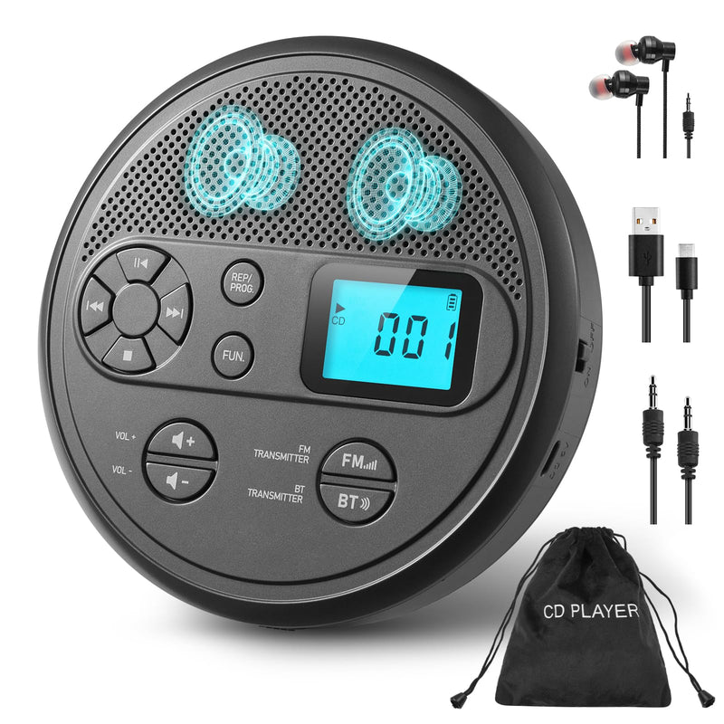 Portable CD Player with FM Transmitter, Bluetooth, Timer, USB, AUX | Rechargeable Music Player with Anti-Skip, Stereo Speakers, LCD Display, Includes Headphones for Use at Home or in Car, Grey