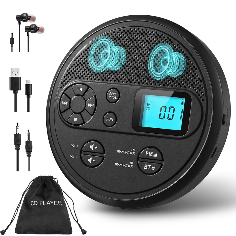Portable CD Player with Bluetooth, FM Transmitter, USB, AUX, Timer | Rechargeable CD Player with Anti-Skip, Stereo Speakers, LCD Display, Includes Headphones for Use at Home or in Car, Black