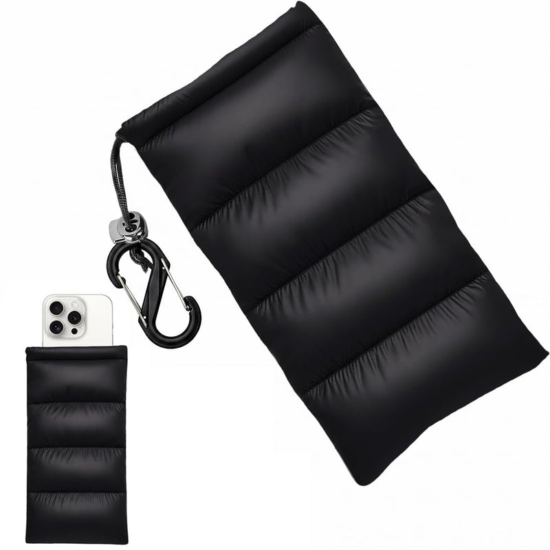 1 Pcs Thermal phone case, insulated pouch,Down Cotton Warm Phone Case Cover Bags Prevents Freezing/Overheating Protector Cellphone Pouch with Carabiner Ideal for Outdoor Camping Hiking Skiing (Black)