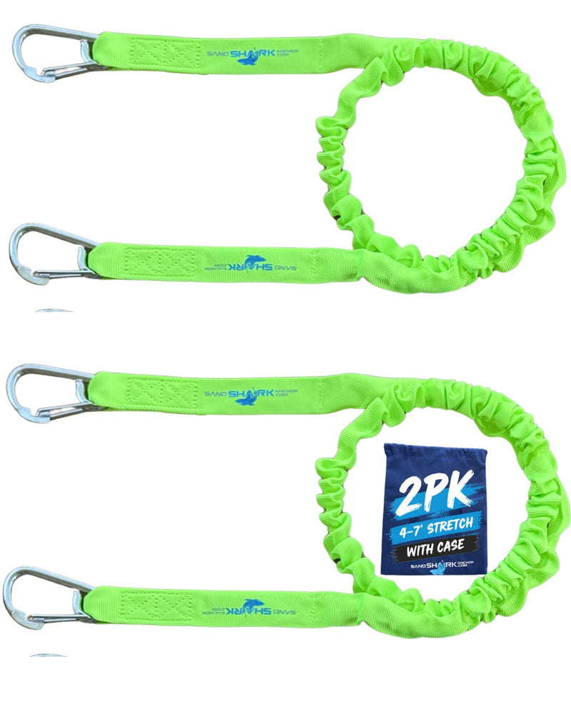 SandShark Premium Flat Bungee Dock Line – Stretches 4-7 FT - Boat & Jet Ski Dock Lines with Stainless Steel Carabiners – Shock Absorbing Mooring Rope for PWC, Boats & Pontoons. Neon Green 4-7ft 2 Pack