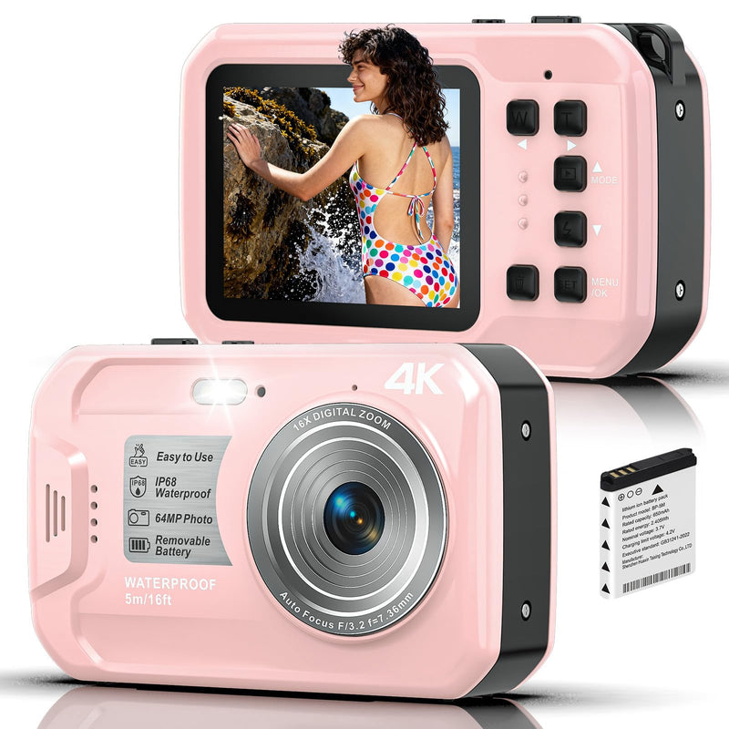 4K Underwater Camera, 64MP 16FT Waterproof Camera | Floatable Digital Camera, 16X Digital Zoom, Auto Focus, Fill Light, 650mAh Battery, Ideal for Travel, Surfing, Swimming
