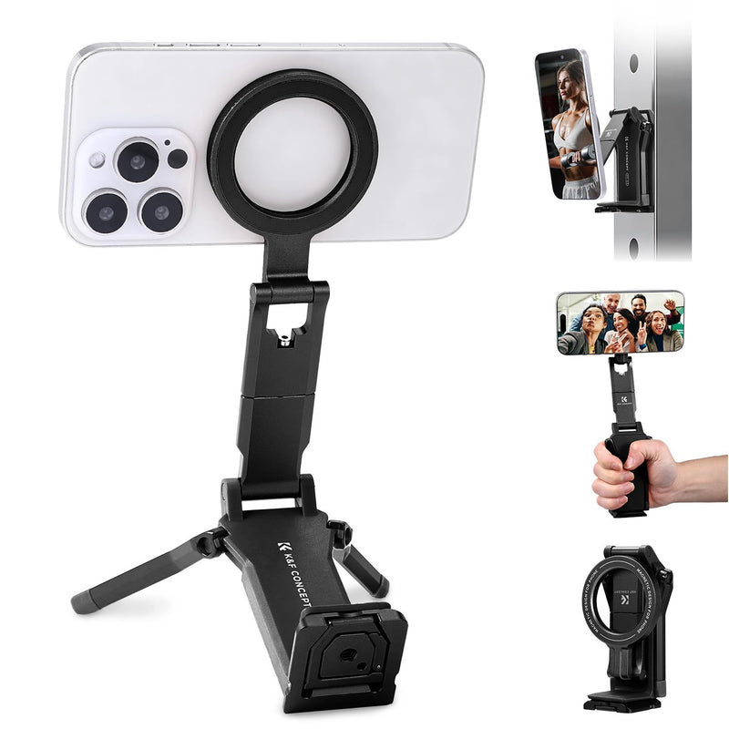 K&F CONCEPT 360° Rotating Magnetic Phone Tripod | 4-in-1Magnetic Tripod Compatible with iPhone 17/16/15/14 Pro Max, Back Magnet Base Fits Vlog, Gym, Travel Accessories, PT03 Black