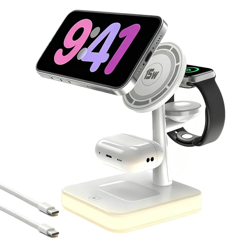 4-in-1 Magnetic Wireless Charging Station with LED Light for iPhone Series | Nightstand Wireless Charging Station for iPhone 13-17,Watch 10/9/8/7/Ultra 2/SE 2, Earbuds 4/3/2for Office Desk for Travel
