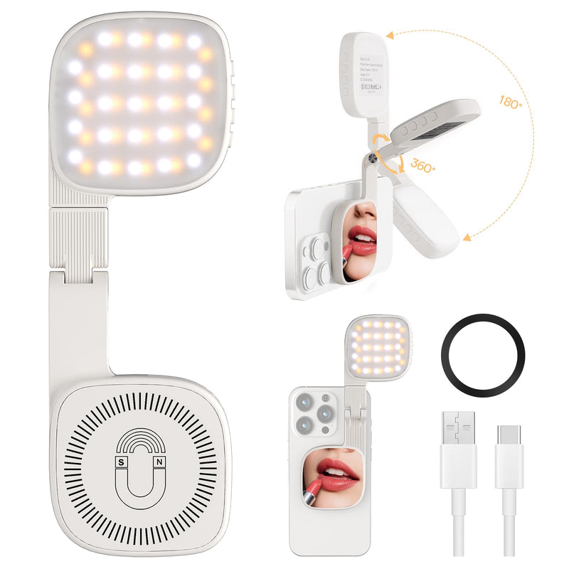 Magnetic Selfie Light, 3 Color Modes, 1000mAh Foldable & Rotatable Fill Light, Compatible with iPhone 11-17 Series, Samsung, MagSafe, White